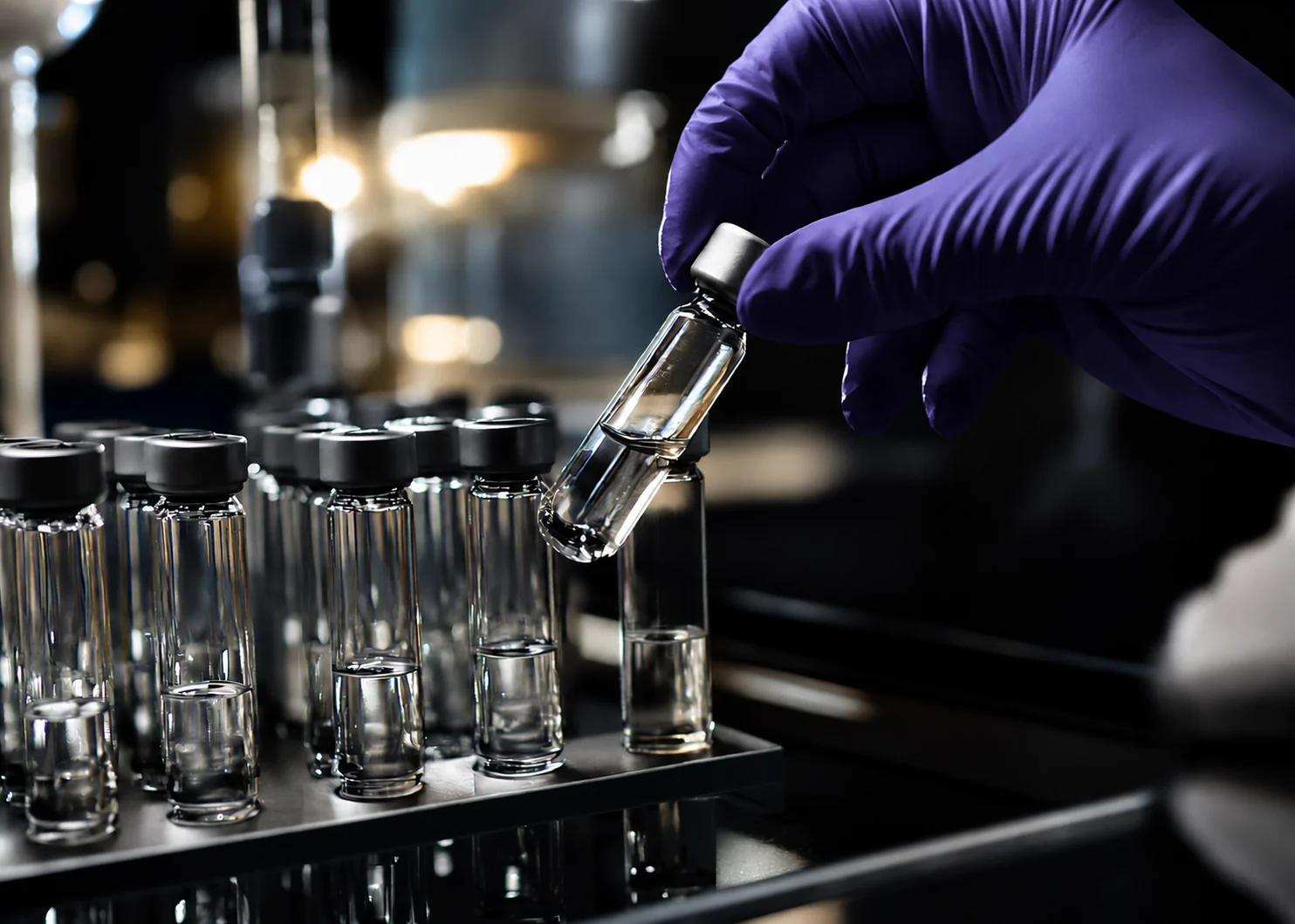 Mão com luva violeta manuseando frasco em ambiente laboratorial